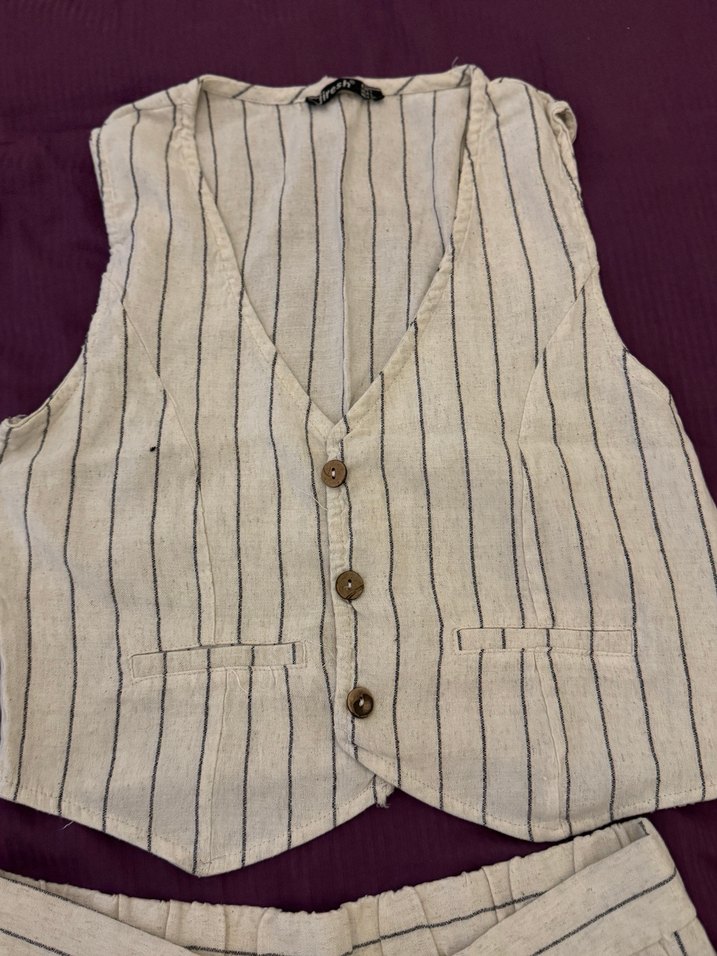 Bej Çizgili Keten Mini Kadın Yelek - Görsel 2