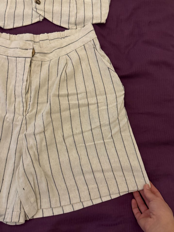 Bej Çizgili Keten Mini Kadın Yelek - Görsel 3