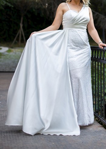 Turkuaz Drapeli Tek Omuzlu Uzun Abiye Elbise - Görsel 8