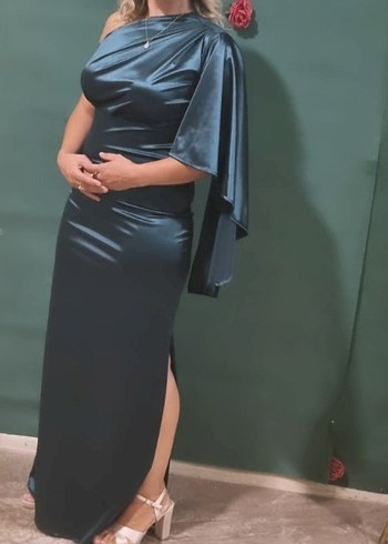 Turkuaz Drapeli Tek Omuzlu Uzun Abiye Elbise - Görsel 2