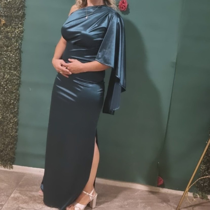 Turkuaz Drapeli Tek Omuzlu Uzun Abiye Elbise - Görsel 2