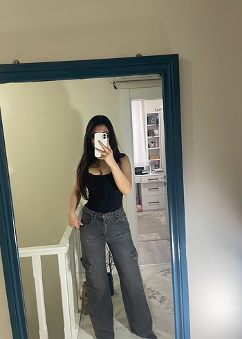 Gri Bol Kesim kargo cepli kadın jean - Görsel 3