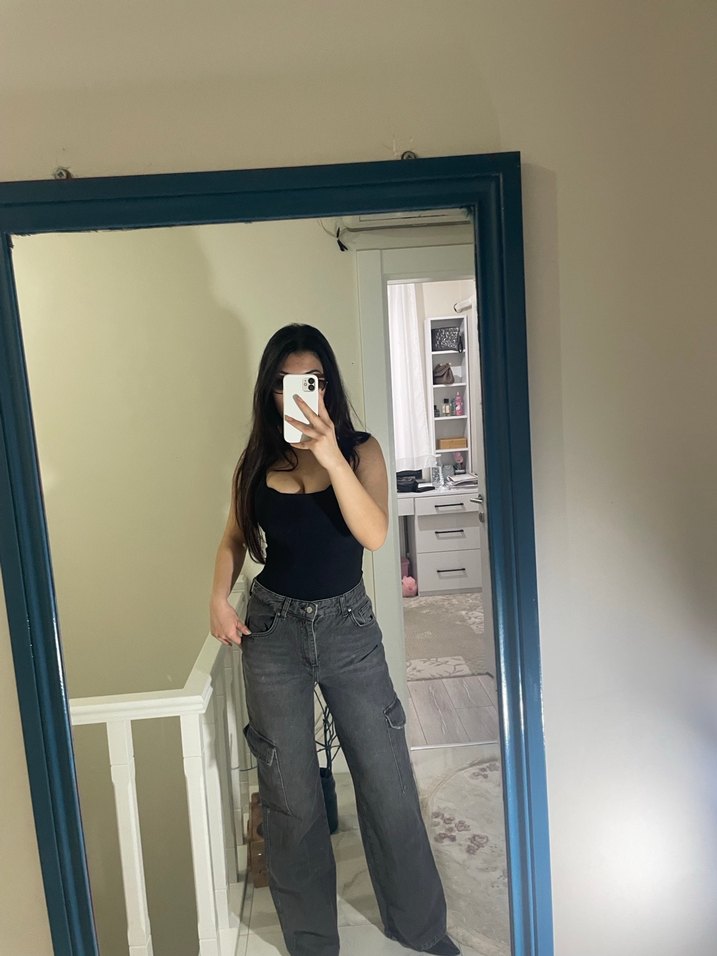 Gri Bol Kesim kargo cepli kadın jean - Görsel 3