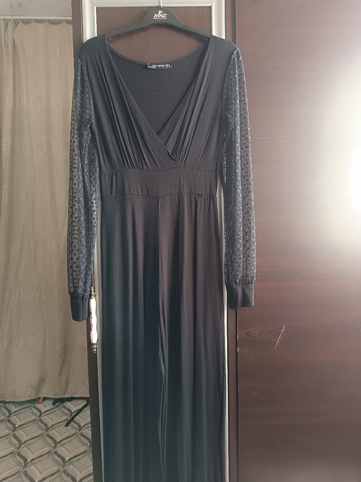 Siyah Uzun Kollu Drapeli Tulum - Görsel 2