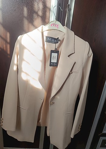 Bej Kadın Düğmeli Midi Blazer Ceket - Görsel 2