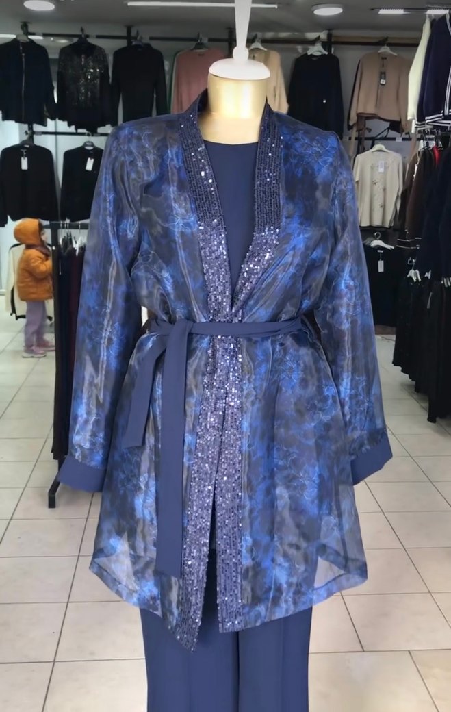 Mavi Bağcıklı Kadın Ofis Takım Elbisesi - Görsel 2