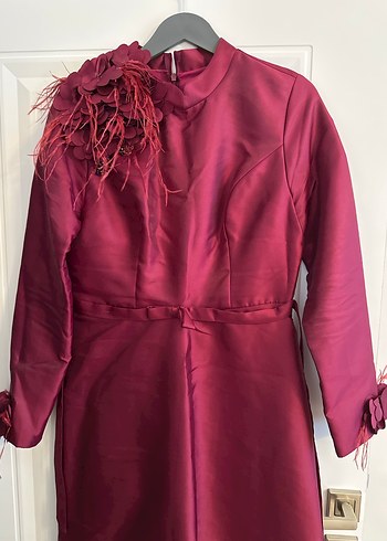 Bordo Uzun Kollu Nakışlı Abiye Elbise - Görsel 3