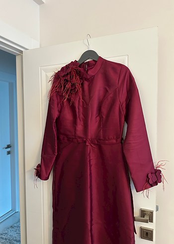 Bordo Uzun Kollu Nakışlı Abiye Elbise - Görsel 4