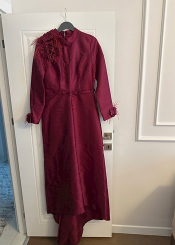 Bordo Uzun Kollu Nakışlı Abiye Elbise - Görsel 2