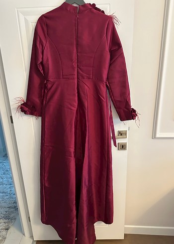 Bordo Uzun Kollu Nakışlı Abiye Elbise - Görsel 8