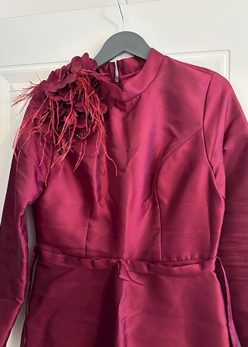 Bordo Uzun Kollu Nakışlı Abiye Elbise - Görsel 7