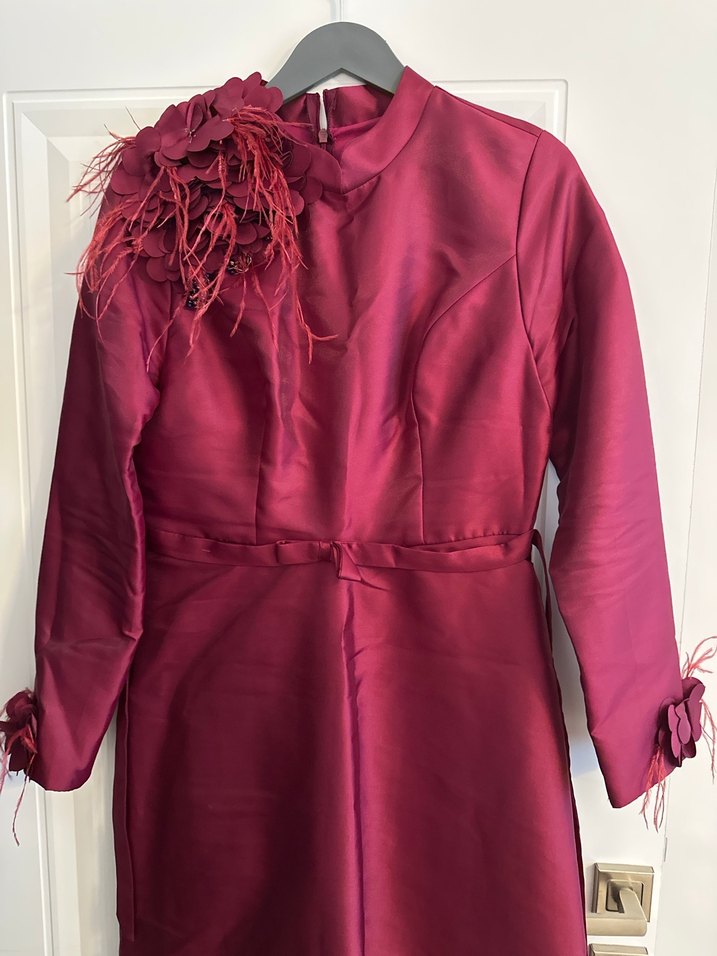 Bordo Uzun Kollu Nakışlı Abiye Elbise - Görsel 3