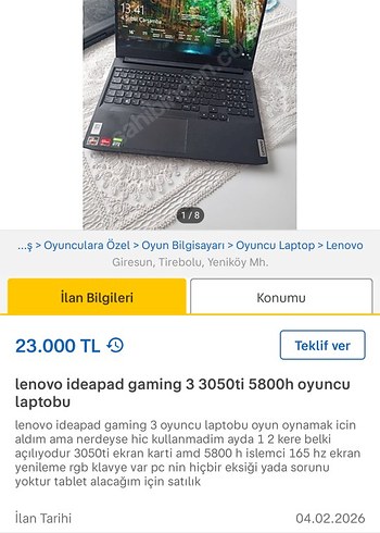 Lenovo  Gaming Laptop 3050ti amd ryzen7 5800 h 165 hz ekran - Görsel 8