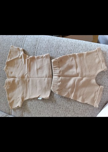 Bej Keten Kumaş Erkek Bebek Kısa Kollu Takım - Görsel 2