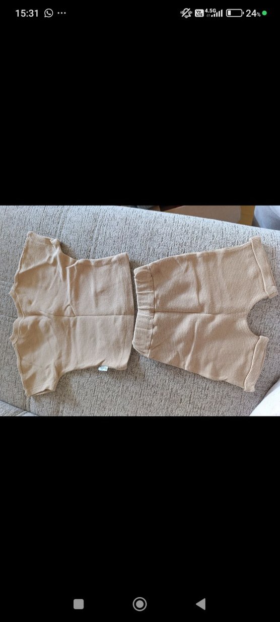 Bej Keten Kumaş Erkek Bebek Kısa Kollu Takım - Görsel 2