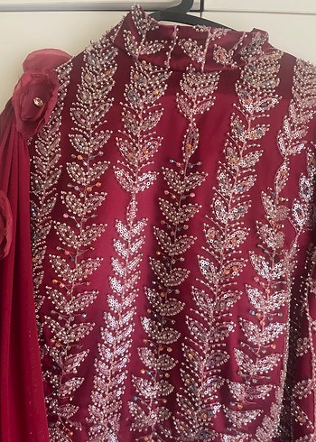 Bordo İşlemeli Uzun Kol Henna Elbise - Görsel 3