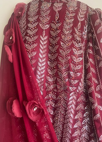 Bordo İşlemeli Uzun Kol Henna Elbise - Görsel 2