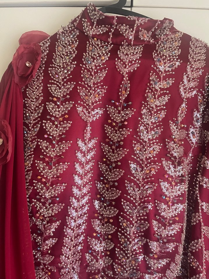 Bordo İşlemeli Uzun Kol Henna Elbise - Görsel 3