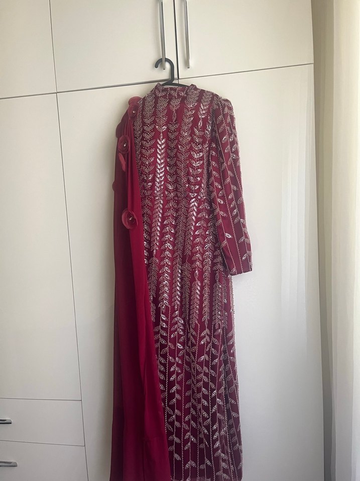 Bordo İşlemeli Uzun Kol Henna Elbise - Görsel 5