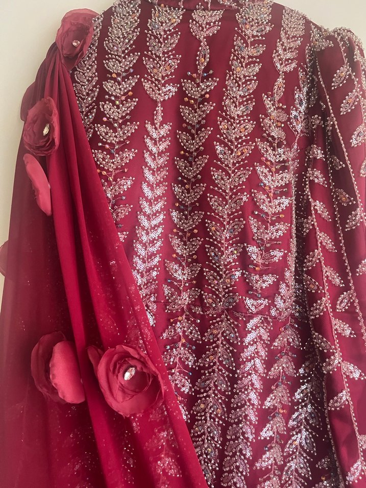 Bordo İşlemeli Uzun Kol Henna Elbise - Görsel 2