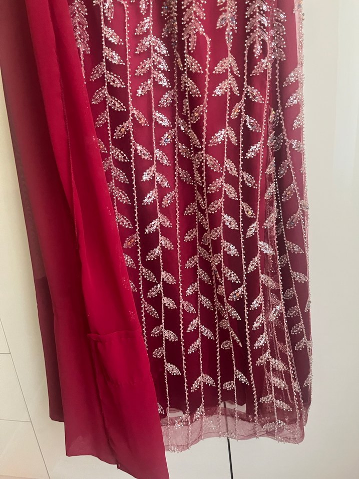 Bordo İşlemeli Uzun Kol Henna Elbise - Görsel 4