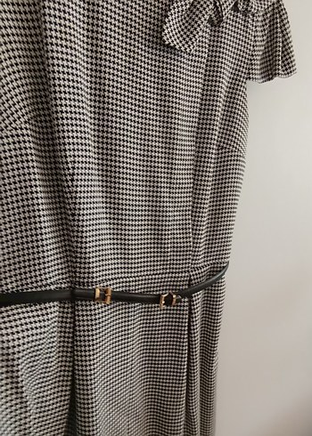 Kemer Detaylı Gri Kareli Midi Kadın Elbise - Görsel 2