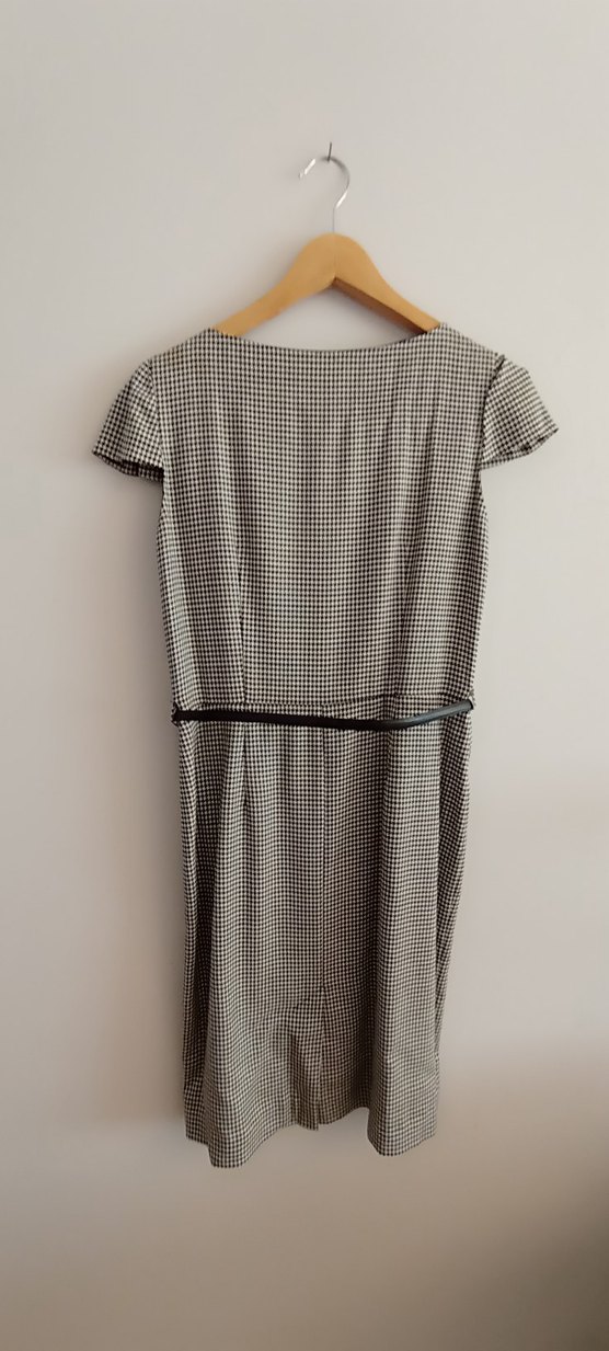 Kemer Detaylı Gri Kareli Midi Kadın Elbise - Görsel 4