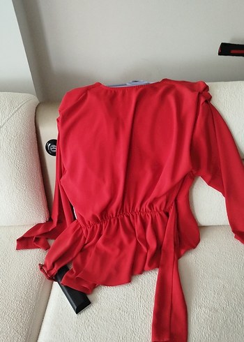 Kırmızı Drapeli V Yaka Mini Bluz - Görsel 3