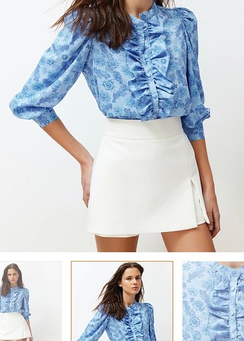 Mavi Çiçek Desenli Uzun Kollu Gömlek - Görsel 3