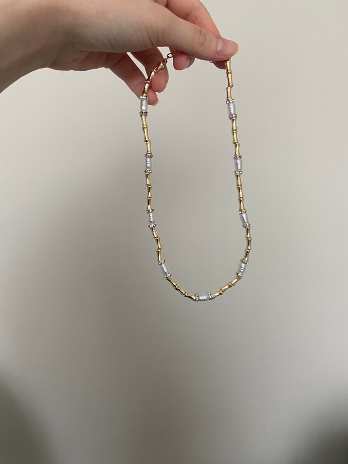 Uzun İnci ve Taş Detaylı Gold Kolye - Görsel 3