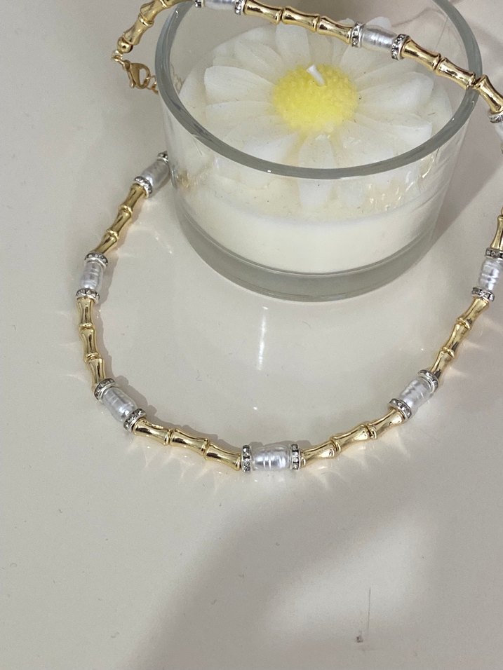 Uzun İnci ve Taş Detaylı Gold Kolye - Görsel 2