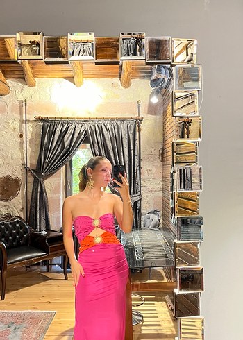 Straplez  Uzun Pembe Elbise - Görsel 2