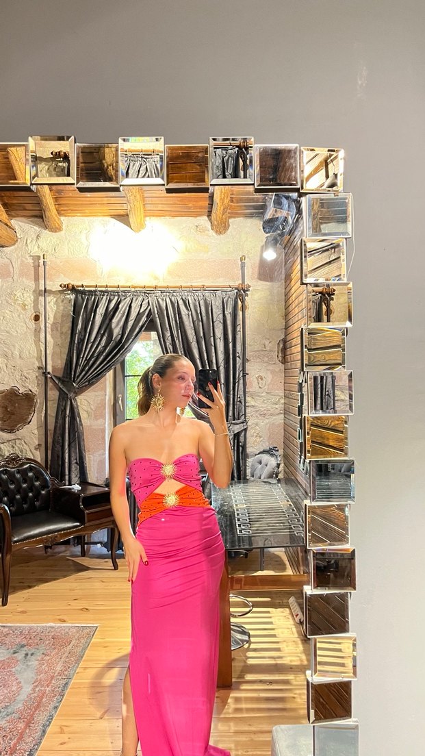 Straplez  Uzun Pembe Elbise - Görsel 2