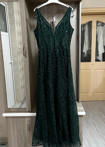 İşlemeli Boncuklu Uzun Yeşil Abiye Elbise - Görsel 2