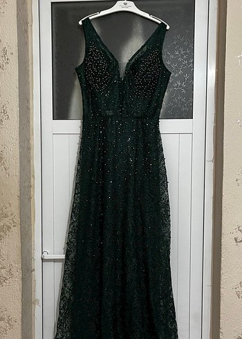 İşlemeli Boncuklu Uzun Yeşil Abiye Elbise - Görsel 3