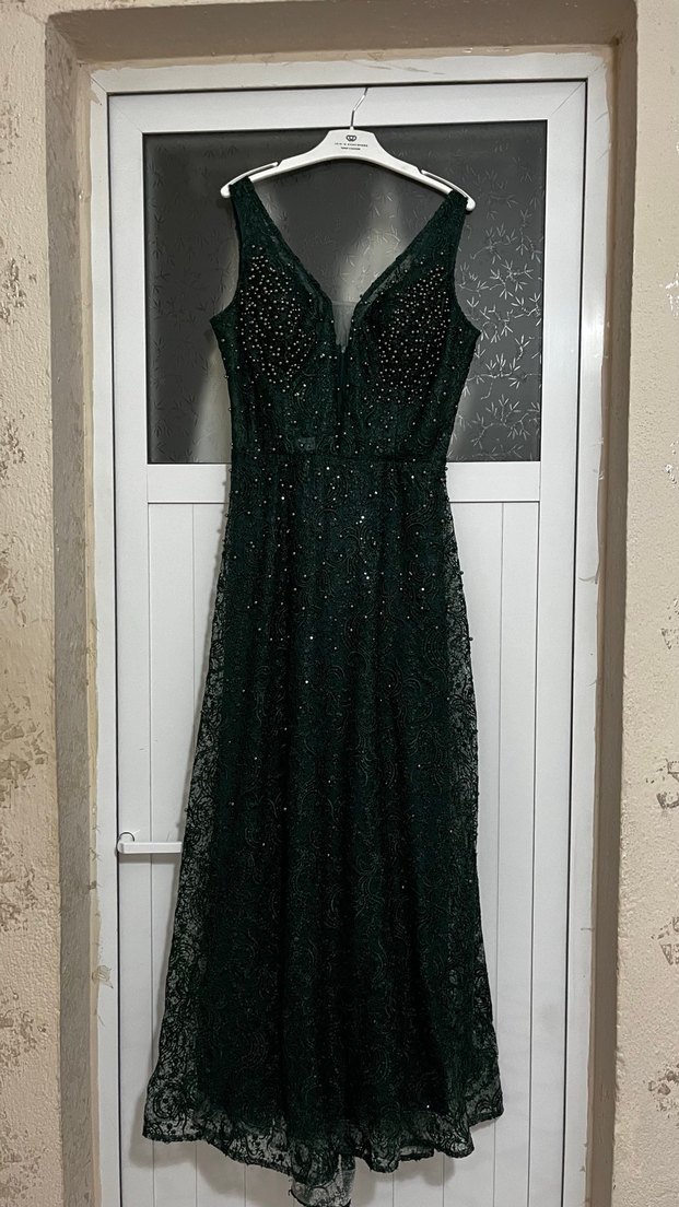 İşlemeli Boncuklu Uzun Yeşil Abiye Elbise - Görsel 3