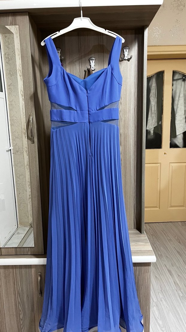 Mavi Uzun Pilili V Yakalı Abiye Elbise - Görsel 2