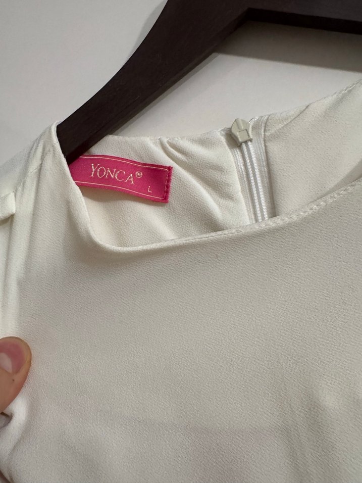 Uzun Beyaz Keten Salaş Elbise - Görsel 3