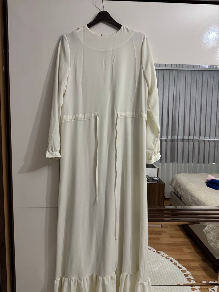 Uzun Beyaz Keten Salaş Elbise - Görsel 2