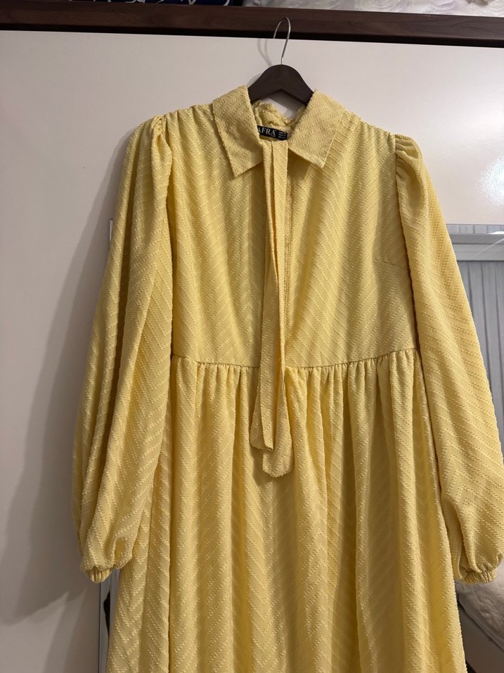 Sarı Pilili Midi Keten Elbise - Görsel 3