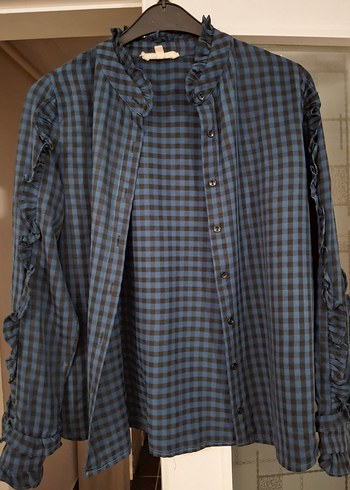 Düğmeli Lacivert Kareli Kadın Gömlek - Görsel 3