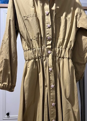 Bej Düğmeli Uzun Keten Elbise - Görsel 2