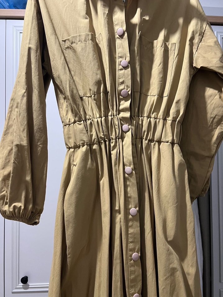 Bej Düğmeli Uzun Keten Elbise - Görsel 2