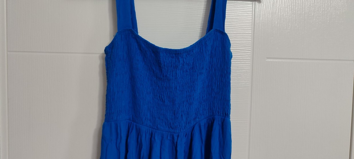 Mavi Keten Uzun Askısız Elbise - Görsel 2