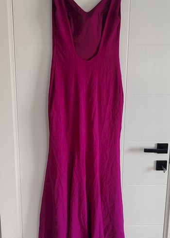 Mor V Yakalı Uzun Drapeli Kadın Abiye Elbise - Görsel 2