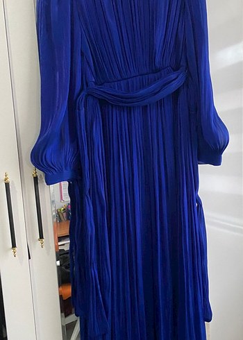 Lacivert Piliseli Uzun Kadın Elbise - Görsel 3