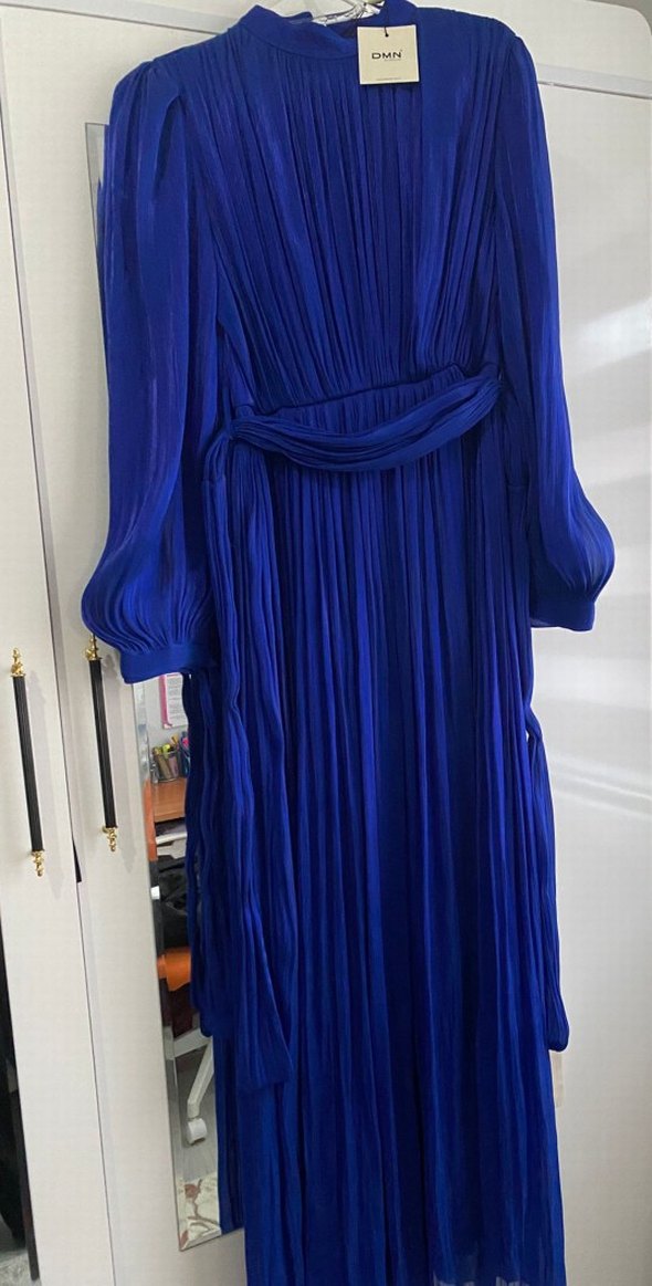 Lacivert Piliseli Uzun Kadın Elbise - Görsel 3