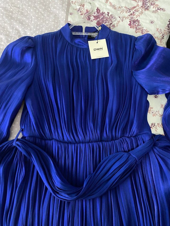 Lacivert Piliseli Uzun Kadın Elbise - Görsel 5