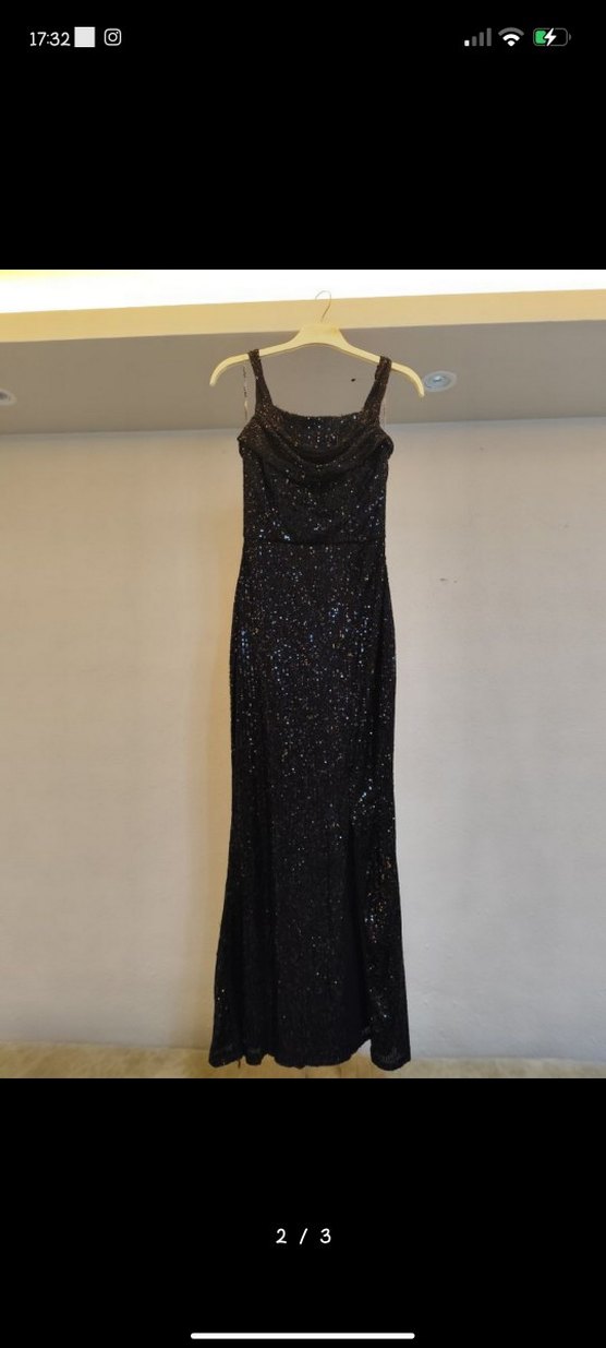 Siyah Uzun Drapeli Kadın Abiye Elbise - Görsel 2