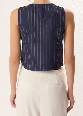 Düğmeli Çizgili Lacivert Kadın Yelek - Görsel 3